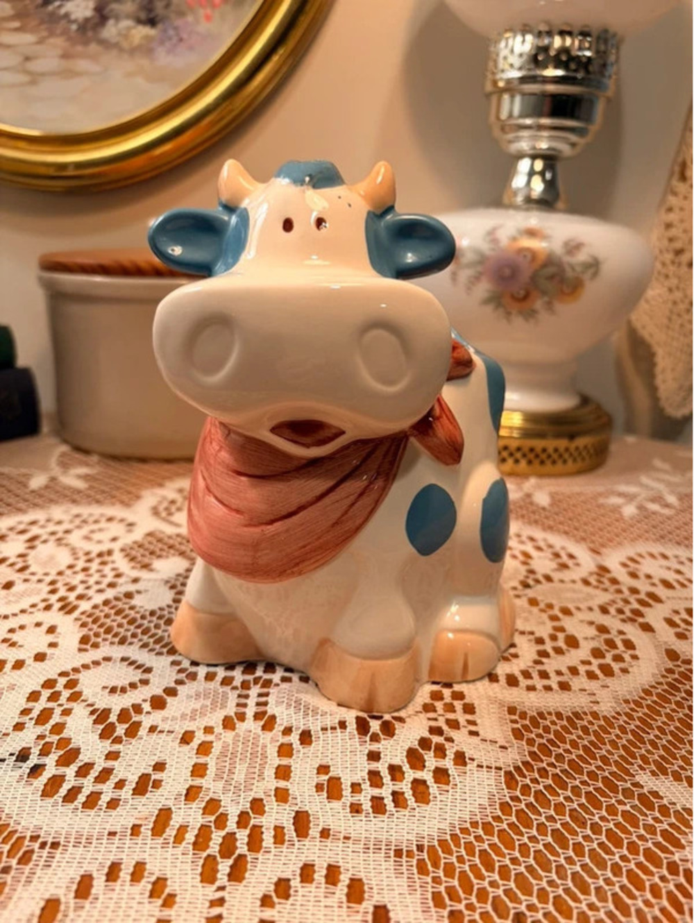 Cooks Tools Ceramic Cow Utensil Holder Blue Spotted Farmhouse Kitchen Decor